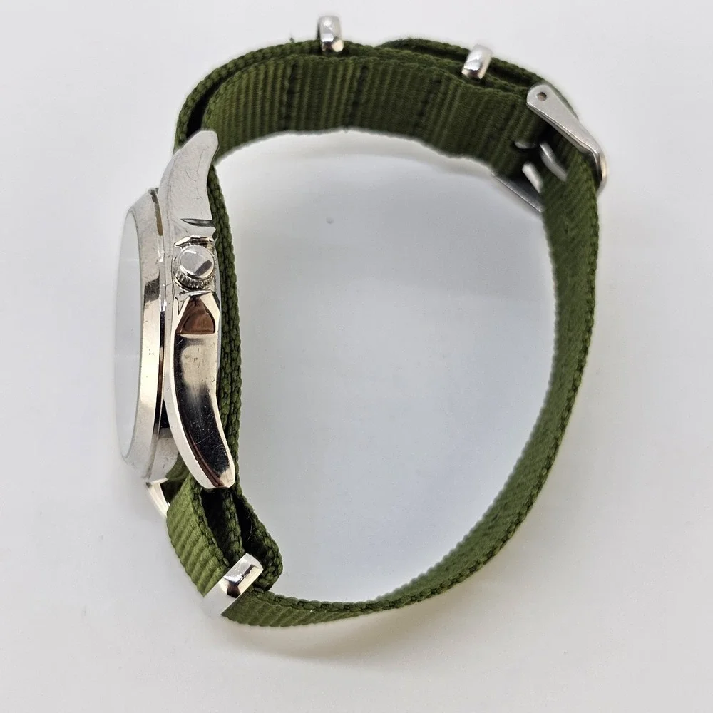 Folio Men's Analog Watch 38MM Gray Dial NEW Army Green Canvas Band NEW Battery